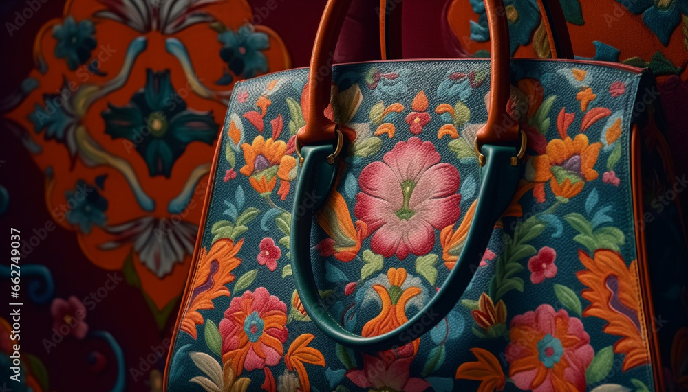 Indigenous cultures inspire ornate animal illustration on vibrant velvet bag generated by AI