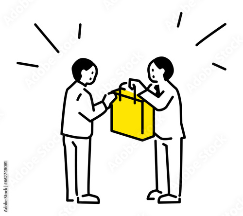 Two men handing over paper bags