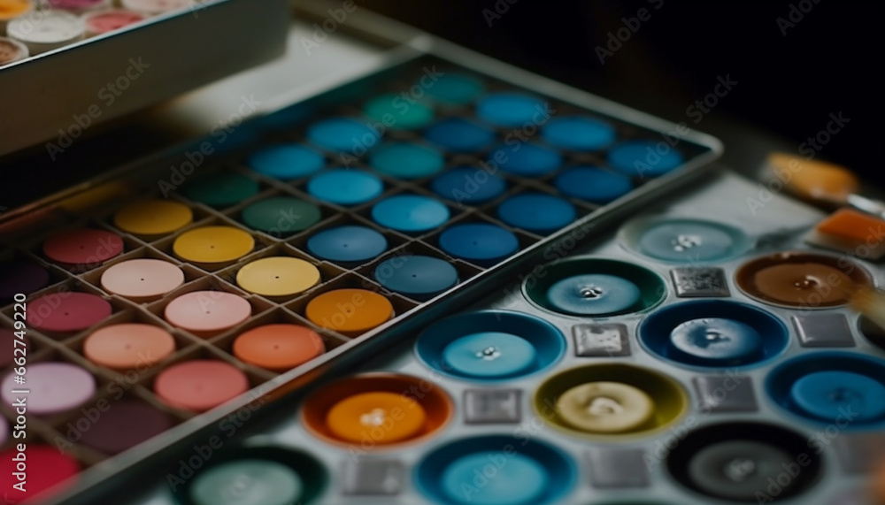 Naklejka premium Vibrant colors of fashion equipment in a shiny metal box generated by AI