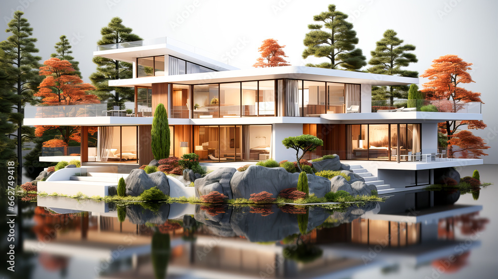 3d rendering of modern cozy house with pool and parking for sale or rent in luxurious style and beautiful landscaping on background. Clear sunny summer day with blue sky. Generative AI technology. - obrazy, fototapety, plakaty 