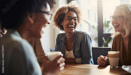 Young women smiling and talking over coffee in casual coffee shop generated by AI