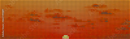 Pixelart sunset orange sky with sun and clouds with dithering. Abstract background with a pattern of multi-colored square pixels. Vector illustration in retro style.
