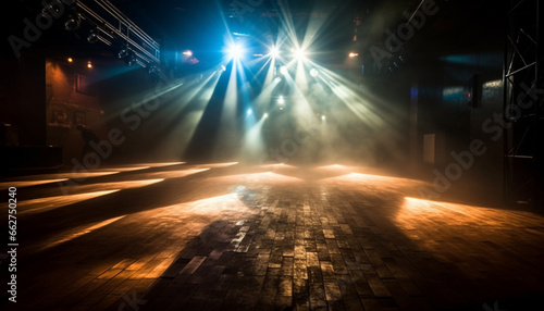 Nightclub performance ignites cityscape with bright, glowing reflections generated by AI