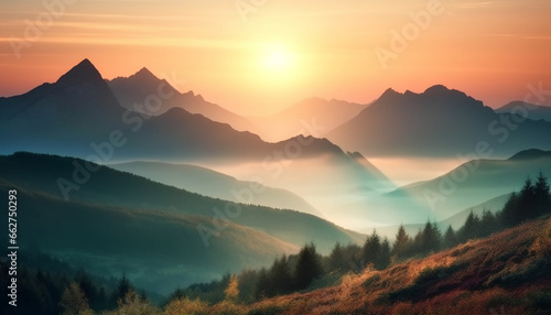 Tranquil sunset over majestic mountain range, a serene hiking adventure generated by AI © Stockgiu