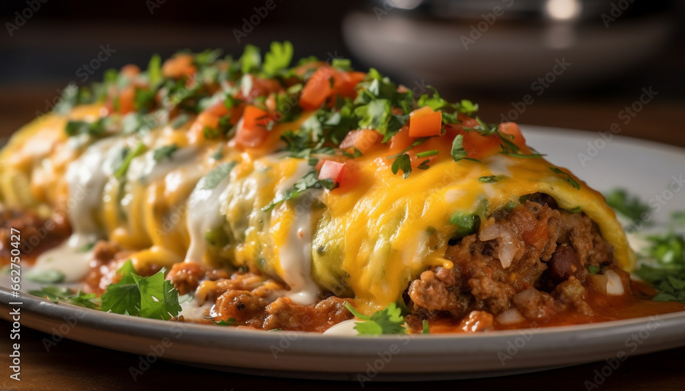 Freshly cooked gourmet meal on plate with meat and vegetables generated by AI Freshly cooked gourmet meal on plate with meat and vegetables generated by AI