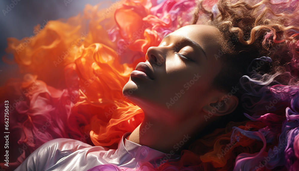 Beautiful young woman with curly brown hair, eyes closed, smiling generated by AI Beautiful young woman with curly brown hair, eyes closed, smiling generated by AI