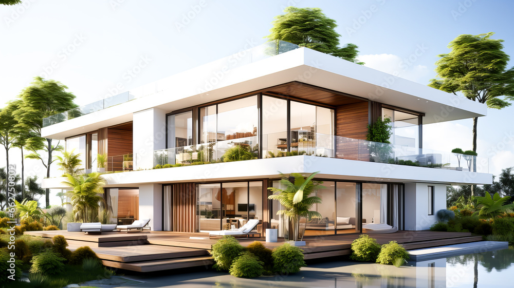3d rendering of modern cozy house with pool and parking for sale or rent in luxurious style and beautiful landscaping on background. Clear sunny summer day with blue sky. Generative AI technology.