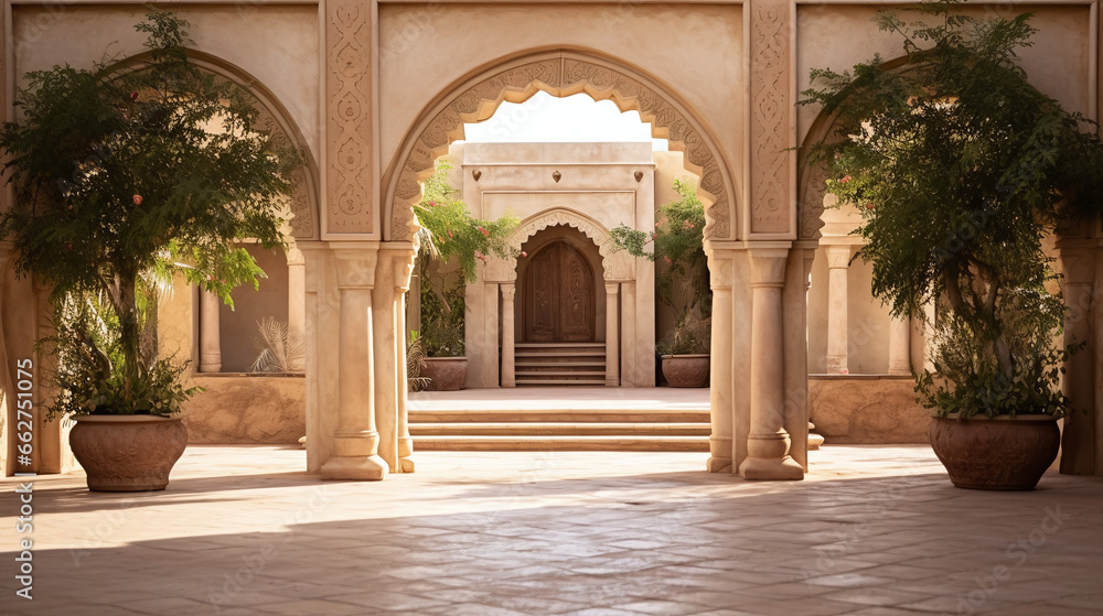 Grand Arabic Archway in a Mediterranean Courtyard adorned with Potted Plants