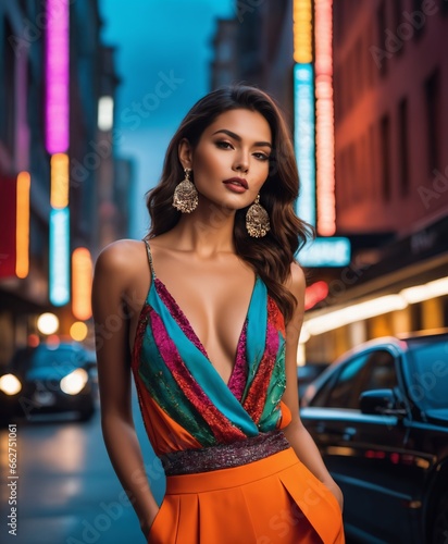 a stunning model in high-end fashion against a backdrop of urban splendor