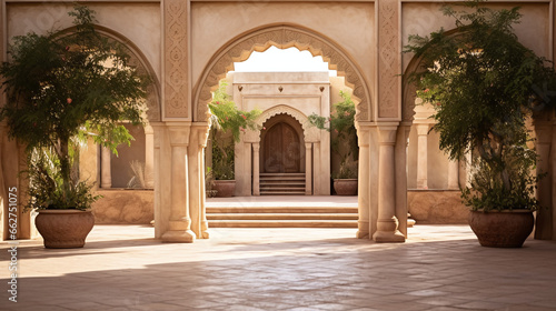 Grand Arabic Archway in a Mediterranean Courtyard adorned with Potted Plants