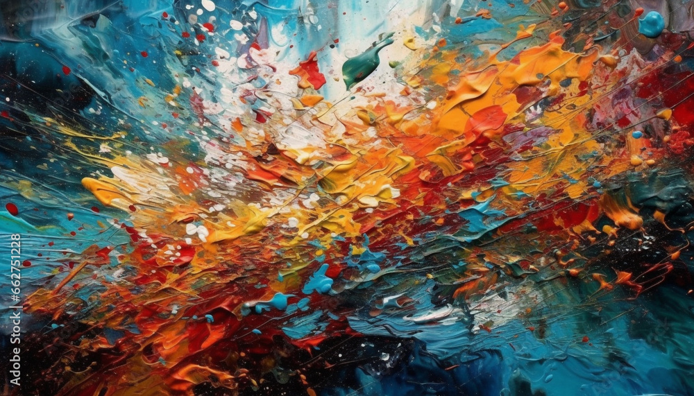 Naklejka premium Vibrant colors splash across messy canvas in abstract acrylic painting generated by AI