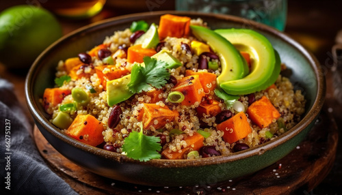 Fresh, healthy salad bowl with quinoa, carrot, and avocado guacamole generated by AI