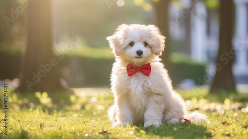 Fluffy White Corgi Puppy with Cute Bowtie Sitting in a Sunlit