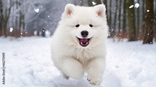 Happy Samoyed Dog Playfully Running in Snowy Woods © Kiss