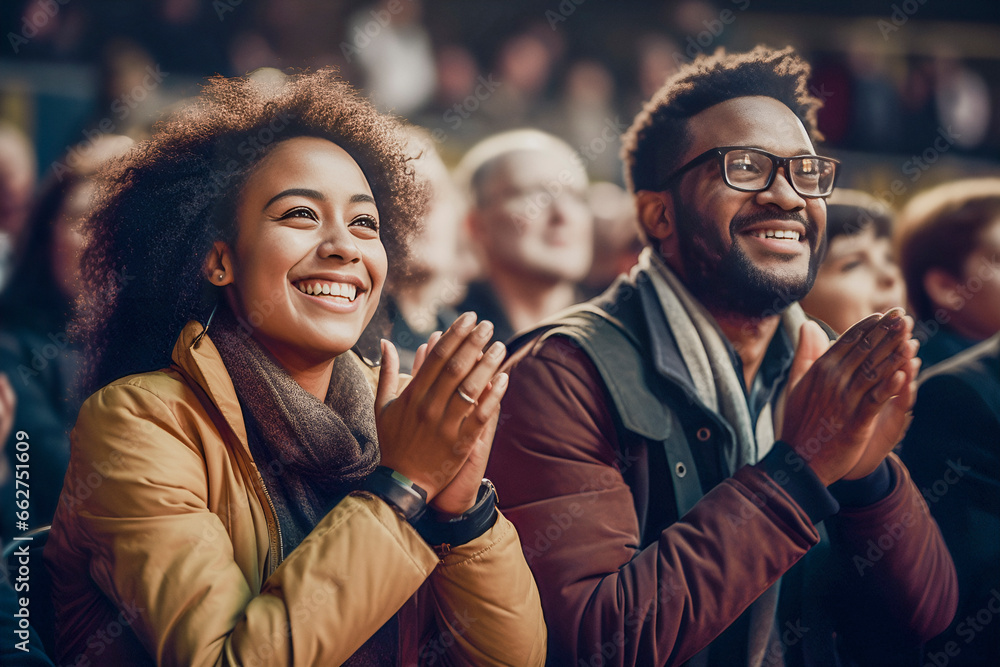 Black woman and man applauding at concert happy with pleasure - obrazy, fototapety, plakaty 