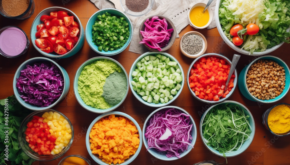 A healthy salad bowl with fresh vegetables and variety of spices generated by AI A healthy salad bowl with fresh vegetables and variety of spices generated by AI