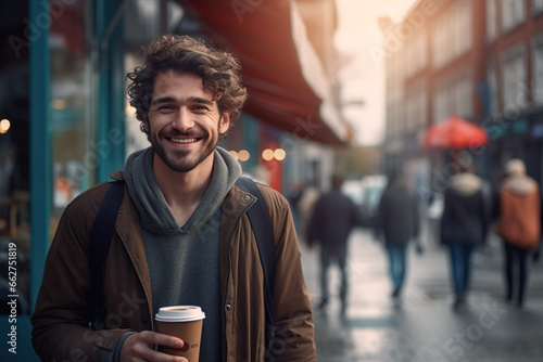 Happy person holding a coffee in the middle of the street