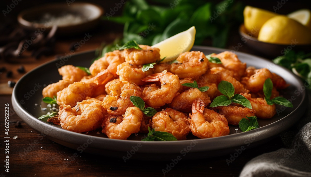 A gourmet seafood appetizer plate with fresh prawns and lemon generated by AI A gourmet seafood appetizer plate with fresh prawns and lemon generated by AI