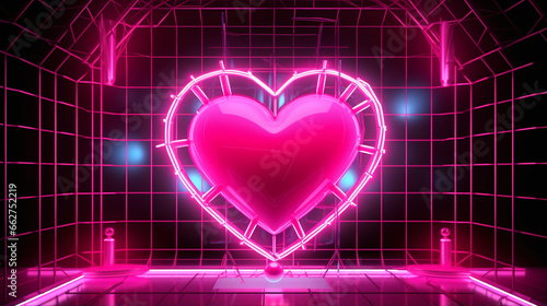 A neon pink heart in a dark room illustration