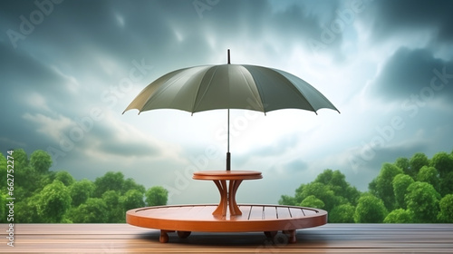 Isolated Wooden Table with Umbrella in Monsoon Background