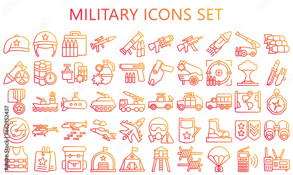 Military gradient outline icons set, use for modern concept, contain badge, weapon, shield, helmet and more. best for UI or UX game kit, web and app development. vector EPS 10.