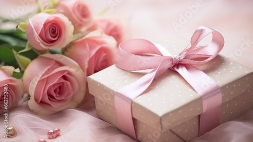 Beautiful Mother's Day Gift Box with Pink Ribbon and Bouquet of Roses