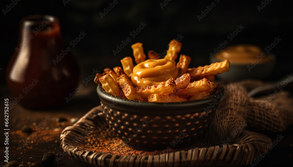 A rustic homemade meal fried pork with crunchy French fries generated by AI