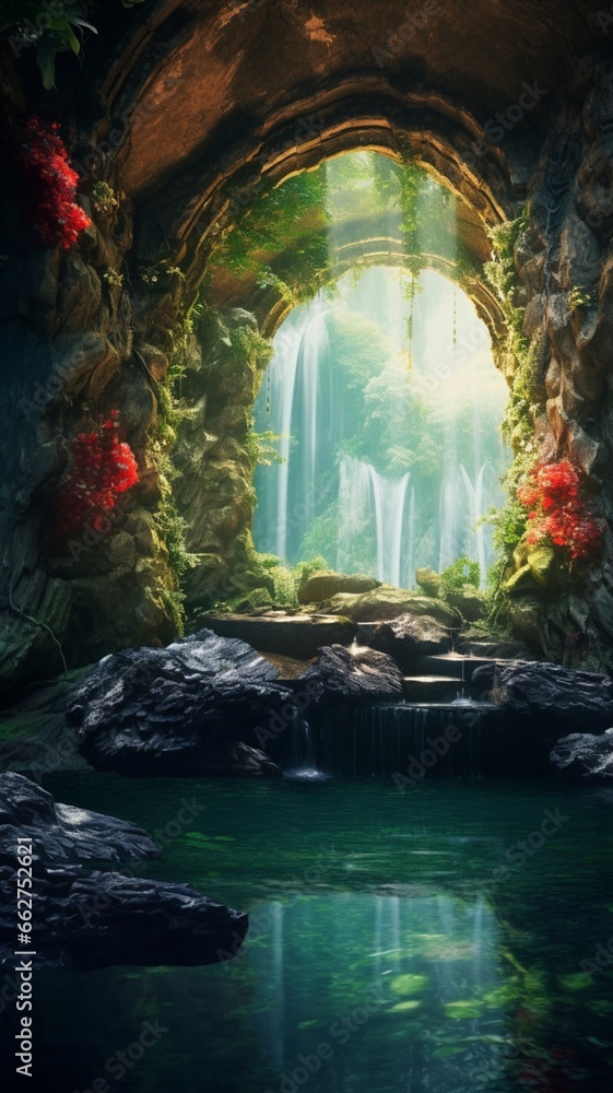 Obraz premium Generative fantasy garden middle jungle photography image Ai generated art