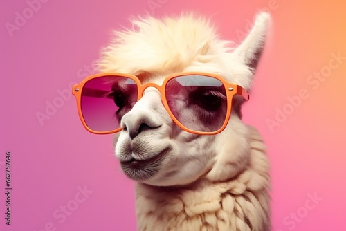 Creative animal concept. llama in sunglass shade glasses isolated on solid pastel background, commercial, editorial advertisement, surreal surrealism © JAYDESIGNZ