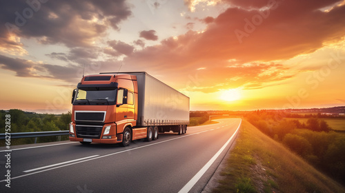 Efficient Supply Chain Transport with a Semi Truck on a Sunset Highway © Kiss