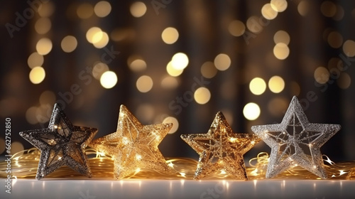 Gold Bokeh with Shiny Glittering Golden and Silver Stars on a Table