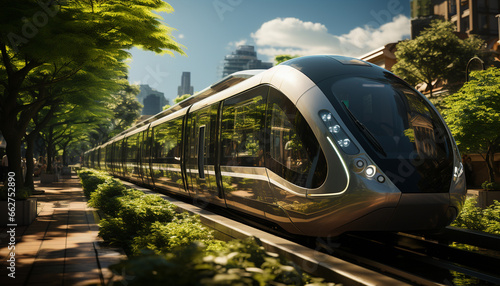 City life in motion Modern transportation illuminates the urban skyline generated by AI