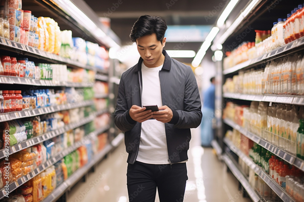 Asian male walking down the product aisle in the supermarket, looking at shelves and searching for groceries from the list on his mobile phone he is holding in his hand