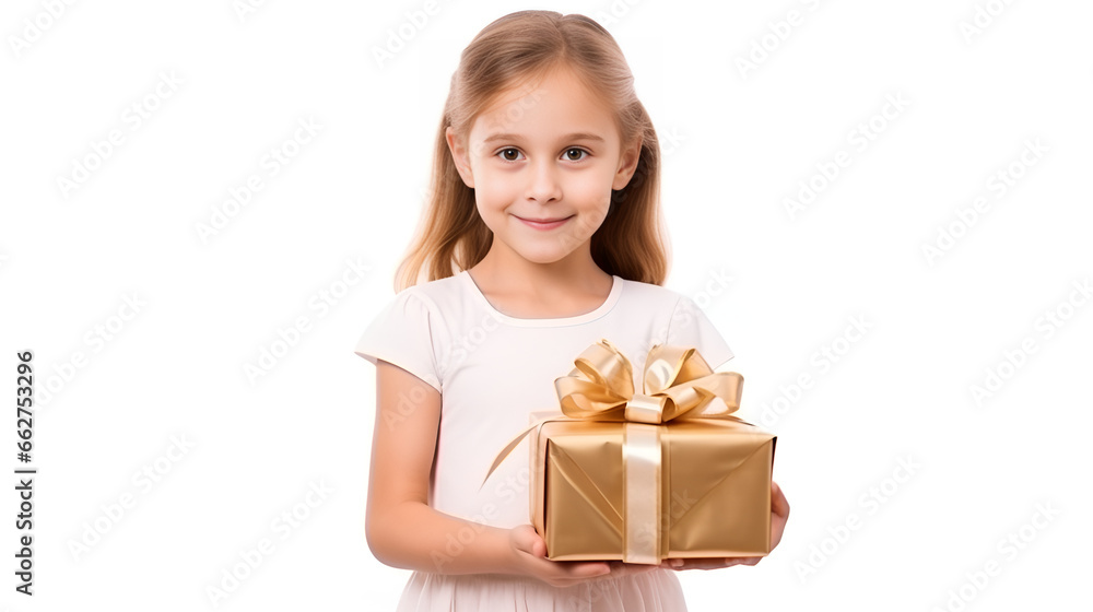 A Little Girl with a Gold Gift Box Spreading Joy A Little Girl with a Gold Gift Box Spreading Joy