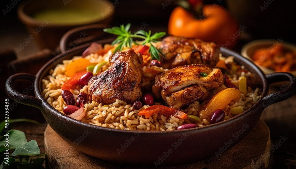 Rustic grilled chicken leg with fresh vegetables and herbs generated by AI Rustic grilled chicken leg with fresh vegetables and herbs generated by AI