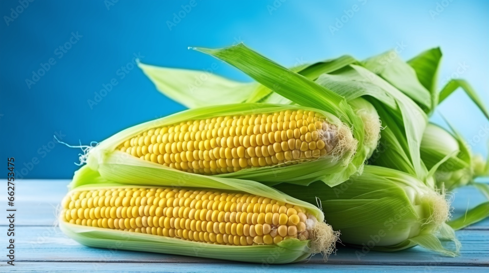 Fresh Corn Cobs on Blue Wooden Table Fresh Corn Cobs on Blue Wooden Table