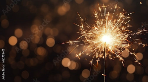 Burning sparkler close up on black background for Happy New Year and Christmas celebration photo
