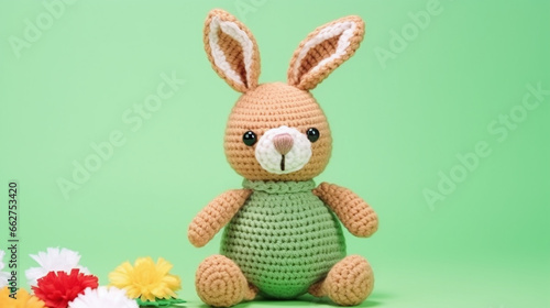 Bunny Crocheted Toy with Flower Bouquet on Green Background