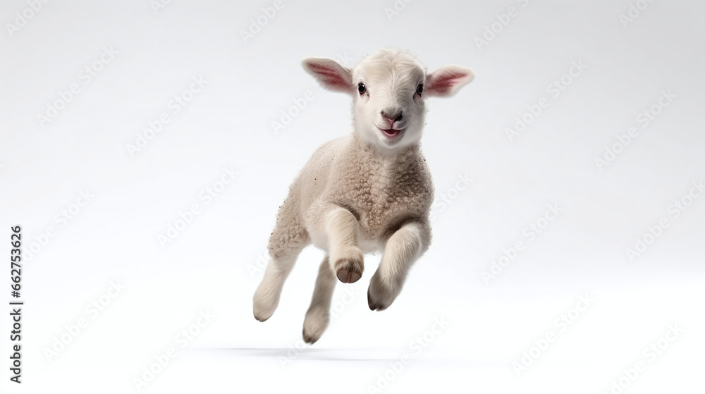 Fototapeta premium Adorable Baby Sheep Jumping in the Air on White Background