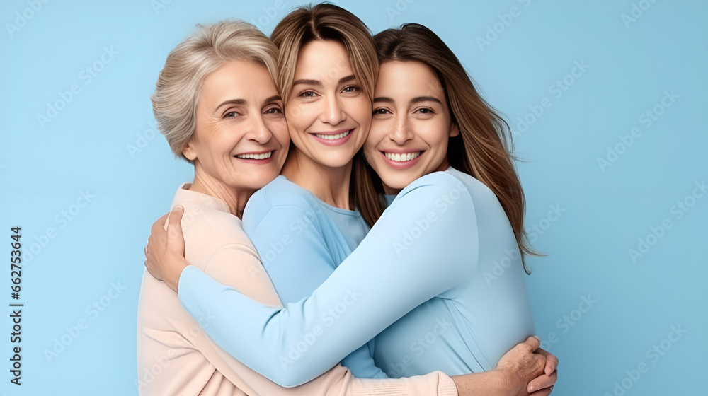 Three generation of woman hugging each other on a blue background - obrazy, fototapety, plakaty 