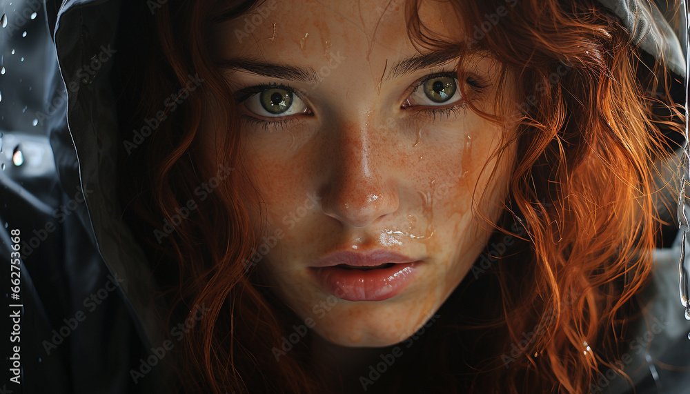 Wet haired woman, beauty in nature, looking at camera, smiling generated by AI Wet haired woman, beauty in nature, looking at camera, smiling generated by AI