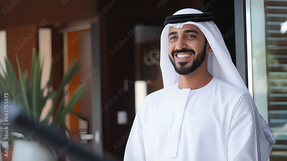 Emirati Arab Businessman in Traditional Kandura Standing in Front of a Building