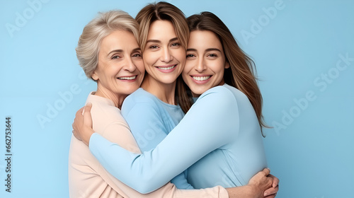 Three generation of woman hugging each other on a blue background