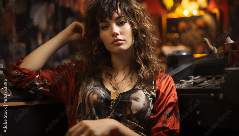 Fototapeta premium Young woman sitting, looking at camera, exuding confidence and elegance generated by AI