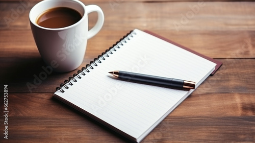 Wooden Table with Coffee Cup and Writing Materials
