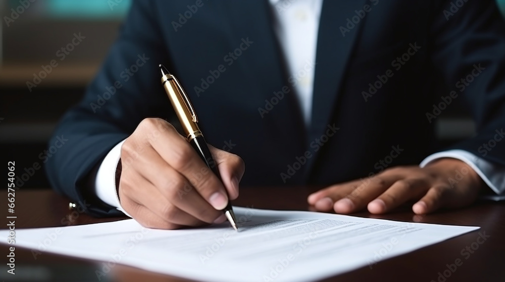 Businessman in Suit Signing Contract with Pen Businessman in Suit Signing Contract with Pen
