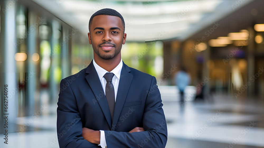 Confident African American Businessman in Black Business Suit Standing with Arms Crossed