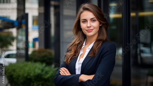 Confident Young Businesswoman Posing in Front of Office Building in Blue Clothes