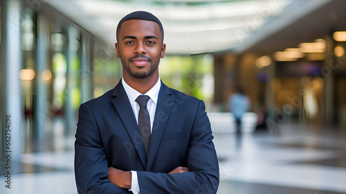 Confident African American Businessman in Black Business Suit Standing with Arms Crossed