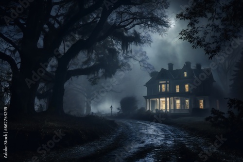 Moonlit Haunting: The Eerie Charm of the Mansion in the Mist